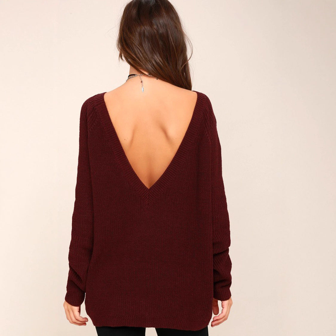 Womens Backless Knitted Sweater With A Deep V-Neck In The Back