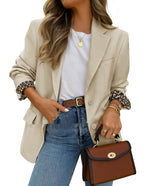 Womens Solid-Color Cuff Contrasting Leopard-Print Lapel Fashion Jacket
