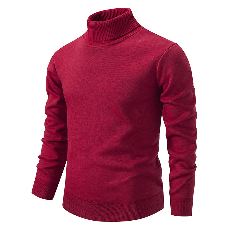 Men's Turtleneck Pullover Sweater Fashion Solid Color Fleece Lined Knitted Long-sleeved Top Clothing