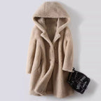 Women's Mid-Length Hooded Coat In Composite Leather And Fur
