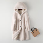 Women's Mid-Length Hooded Coat In Composite Leather And Fur